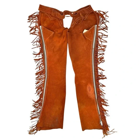TALON ZIPPER RARE Pre 1960s Vintage Brown Distressed Suede Fringe Trim Chaps - Picture 2 of 12